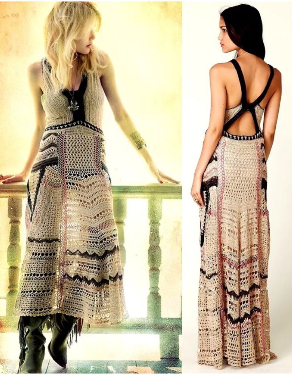 Free People Crochet Maxi Dress in Beige with Black & Navy Accents - Picture 2 of 6